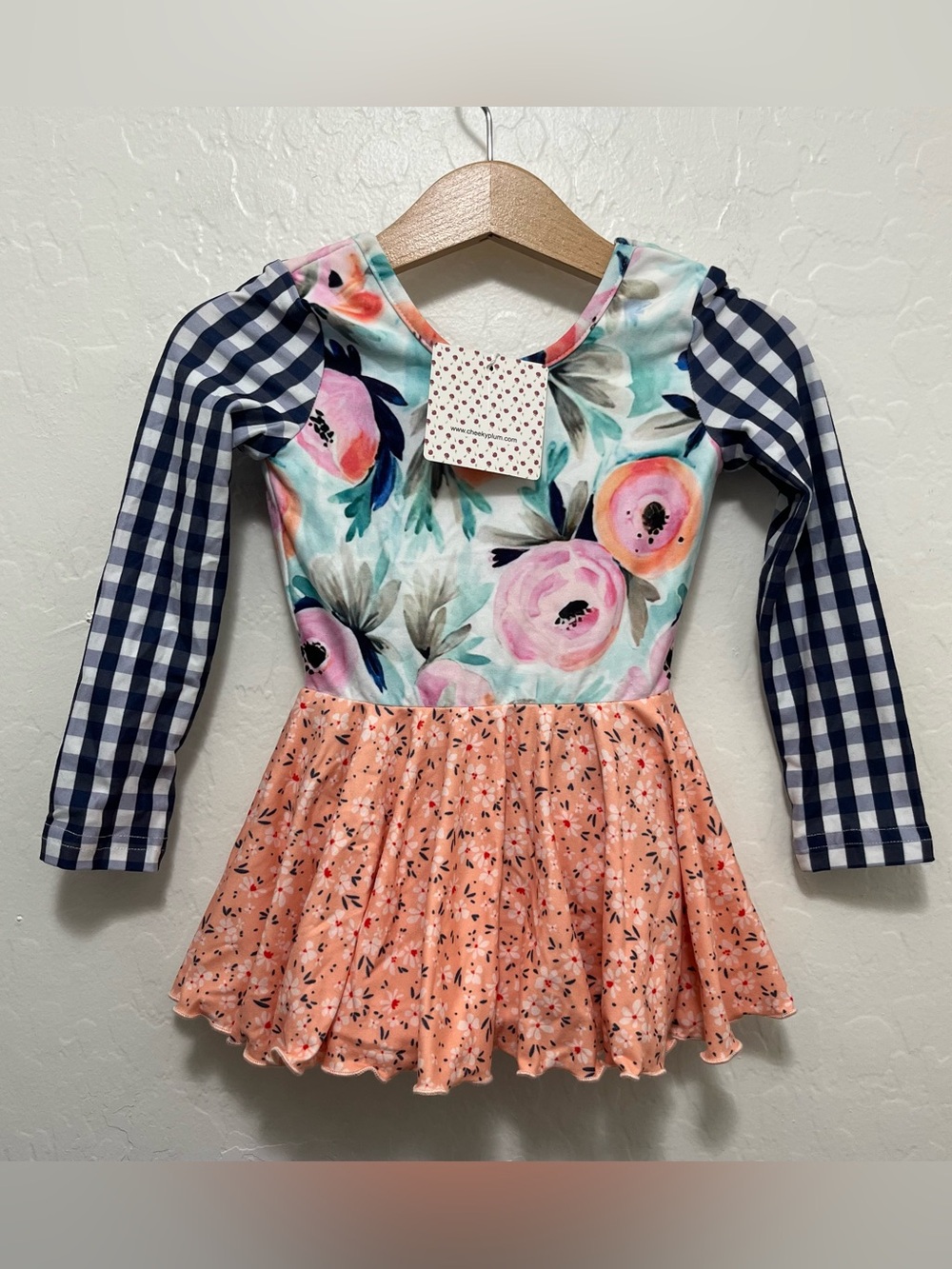 NWT Cheeky Plum Farrah Long Sleeve Skirted Leotard Floral Gingham Dress 18-24M